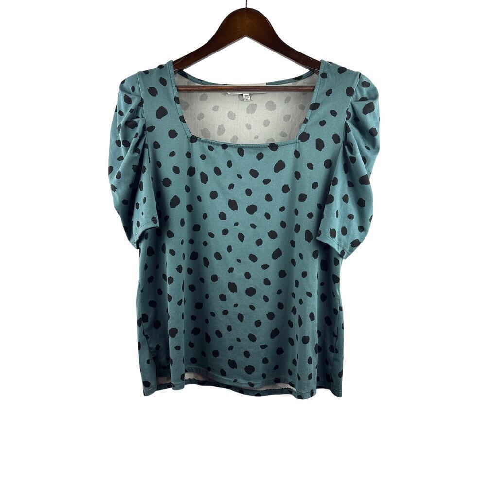 Women’s Socialite Curve Size 0X Blue Puff Sleeved Blouse w/ Black Polka Dots